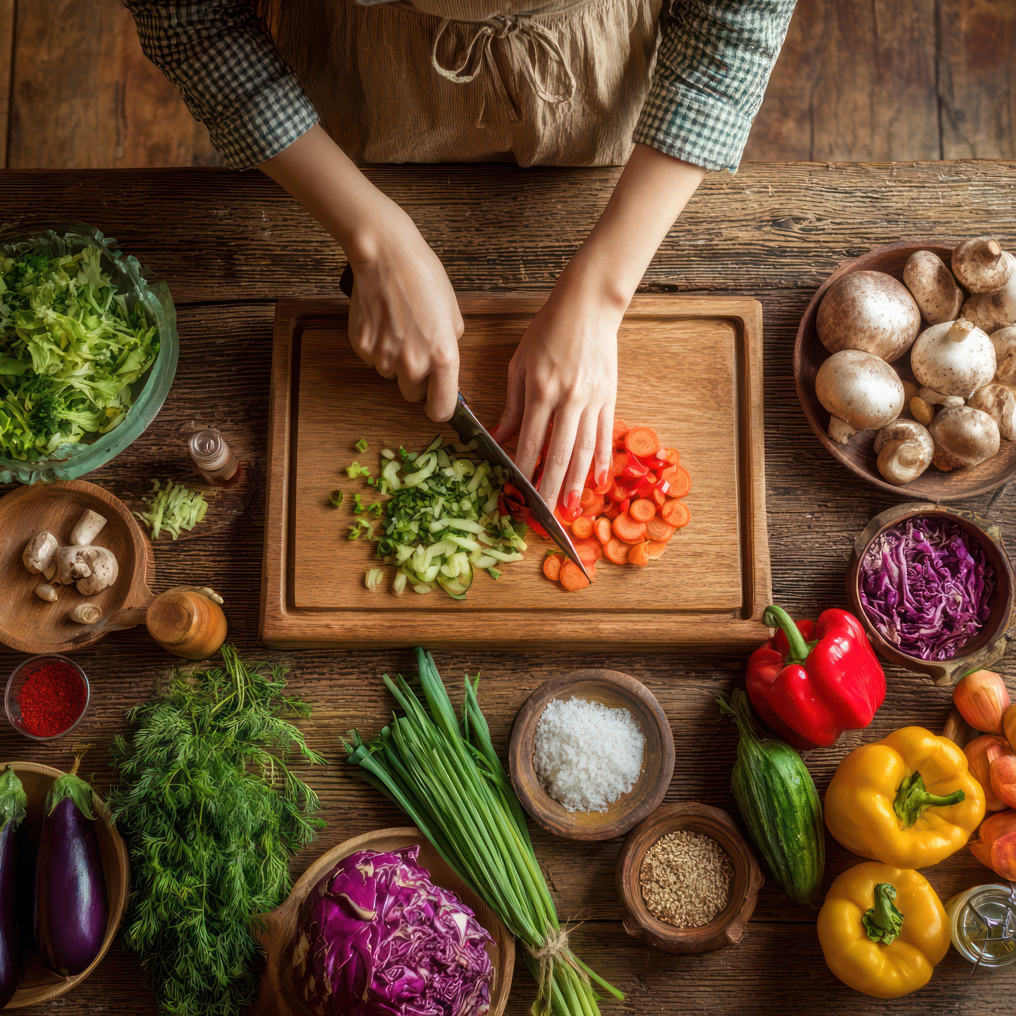 Manos preparando ingredientes frescos en tabla de madera